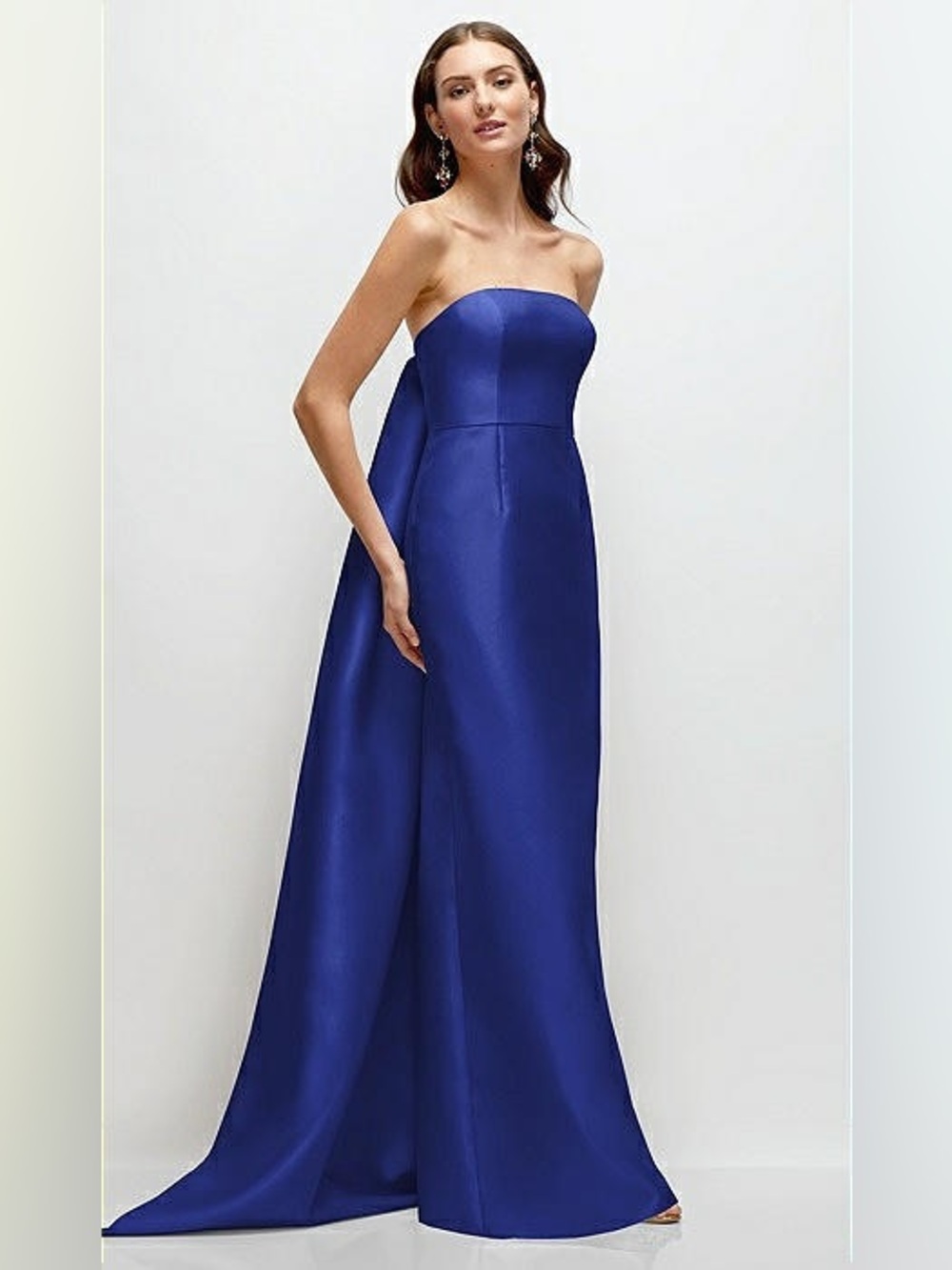 Alfred Sung Strapless Satin Column Dress Removable Watteau Train Cobalt Blue